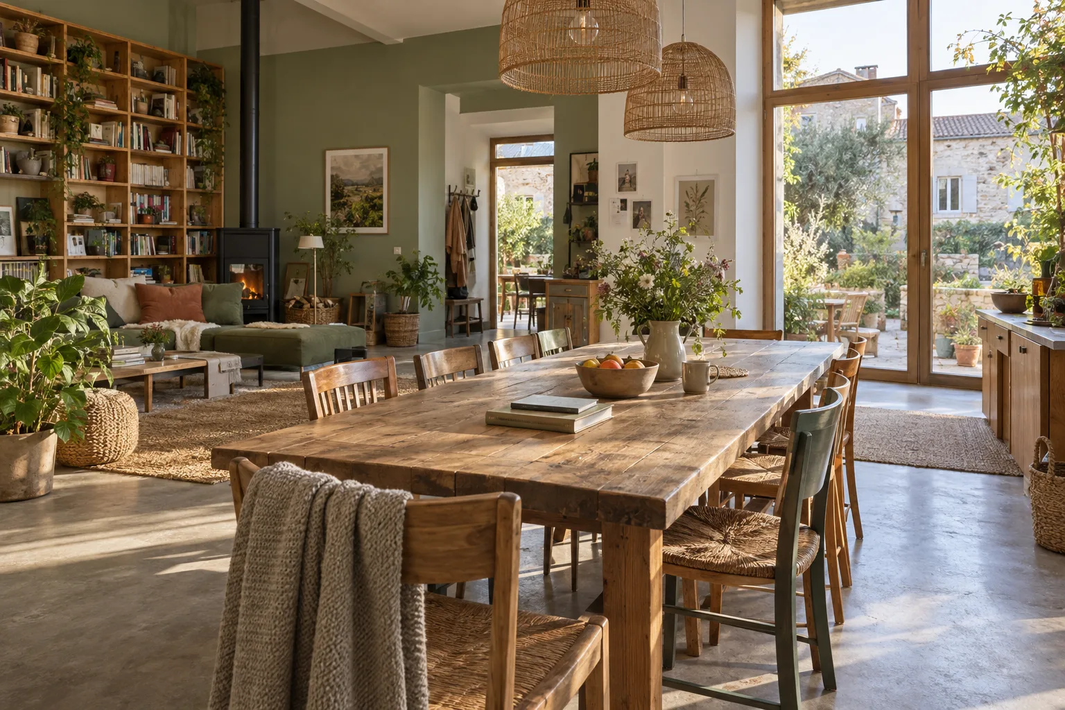 Salle commune lumineuse avec une grande table de partage et des espaces de vie